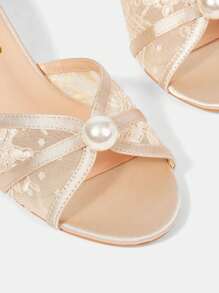 CUCCOO HITCHD Women's Fashion Round Toe Kitten Heel Apricot Lace Mesh Pearl Wedding Party Occasion High Heel Sandals, Open Toe Sandals For Christmas Elegant Shoes Wedding Shoes - Apricot - View 5