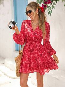 Vivid Eden Women's Red Floral Print Long Sleeve Mini Dress For Vacation,Fall Women Clothes, Women Vacation Dress, Red Floral Dress, Tiered Ruffle Dress, Lantern Sleeve Dress,Halloween,Wedding Guest Dress Women,Date Night Dress,Casual Dresses For Women