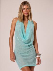 MUSERA 高领超低胸无袖修身迷你连衣裙，适合伊比沙岛度假夏季海滩穿着 - 藍色 - 查看 2