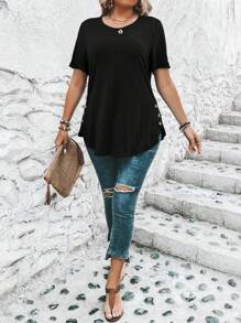 SHEIN CURVE+ Plus Size Women's Casual Long T-Shirt: Skin-Friendly Knitted Fabric, Round Neck, Short Sleeves, Asymmetrical Hem With Button Details, And Semi-Sheer Design For Effortless Style. - Black - View 4