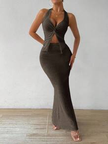 Rafferiza Women's Summer Solid Color Twisted Front Slit Hem Halter Neck Vest And Mermaid Skirt Fashion 2pcs Set Sexy Long Dressbodycon Long Dressbrown Long Dressbrown Two Pieces Setmocha Dress - Coffee Brown - View 4