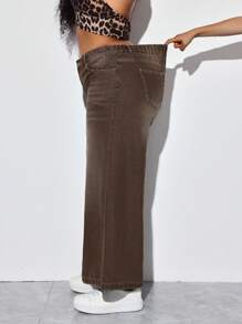 SHEIN PETITE CURVE Plus Size Summer Fall Clothes Autumn Clothes Back To School Homecoming Cute 2000s Style Kawaii Y2k Airport For Women Modest Old Money Tulum Grunge Korean Style Washed Wide Leg Brown Jeans Baggy Jeans Wide Leg Pants Woman,Fall Clothes For Women