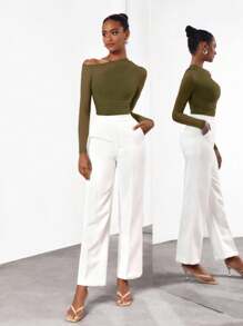 Cheerfulab Asymmetrical Keyhole Off-Shoulder Sheer Mesh Bodysuit Women Vacation Spring & Summer Beach - Army Green - View 5