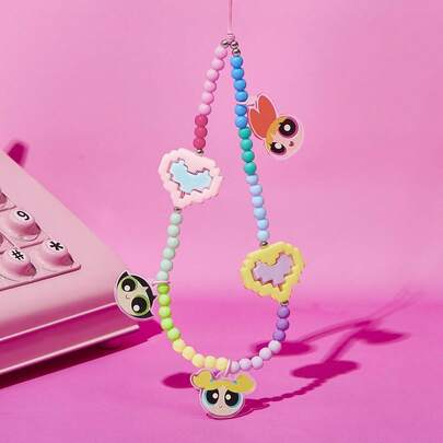 THE POWERPUFF GIRLS X SHEIN Dây đeo điện thoại hình trái tim đính hạt họa tiết hoa Blossom, Bubbles, Buttercup, phù hợp với mọi loại ốp điện thoại, họa tiết Buttercup Blossom Bubbles, thích hợp cho Ngày Valentine.