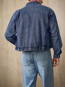 Manfinity Homme Casual Men's Zip-Up Denim Jacket, Streetwear Style Washed Outerwear - Blue - View 2