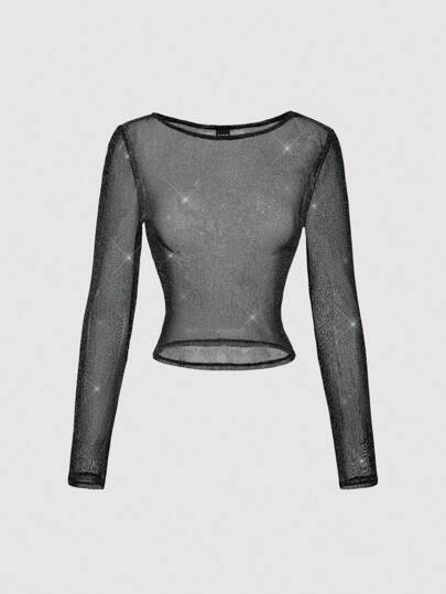 SHEIN MOD Women's Black Sexy Sheer Semi-See-Through Fitted Long Sleeve Top,Sparkly Top,Y2k,Birthday For Women,Vintage,2000s Style,Fairycore,Long Sleeve Tops Women,Festival,Gothic,Rave,Gyaru,Glitter Top,Old Money Style