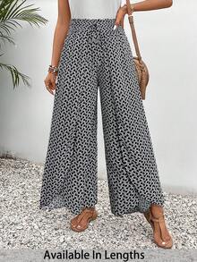 SHEIN PETITE CURVE Plus Size Women Geometric Print Tie Waist Wide Leg Loose Pants - Black - View 1