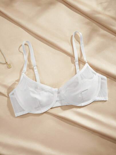 女士纯色网眼拼接细肩带透视文胸内衣