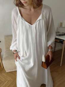 INAWLY Rochie de damă la modă, casual, retro, romantică, minimalistă, cu mânecă lungă, de culoare solidă, potrivită pentru vacanță - alb - Vizualizare 2