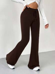 SHEIN EZwear 复古风格灰色系腰喇叭腿运动裤 - 咖啡棕 - 查看 6