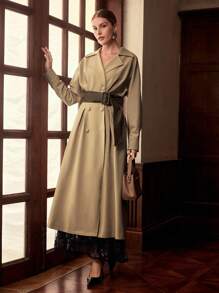 ZEYLAH Fashionable & Elegant Pleated Waist A-Line Long Windbreaker, Autumn/Winter