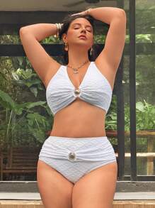 Slaysola 大码女式2件套纯色特殊面料白色时尚度假日常休闲简约高腰三角内裤外壳基本款比基尼套装