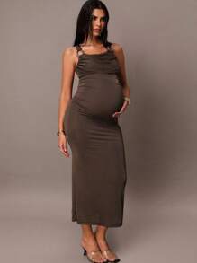 MaterniChic 孕妇装女士紧身蕾丝镂空花卉印花棕色金属扣高开衩连衣裙，适合春夏季度假