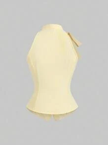 Sweetra Áo sơ mi kẻ sọc không tay thắt nơ eo thon gọn dành cho nữ hàng mới về - Màu vàng - Xem 2