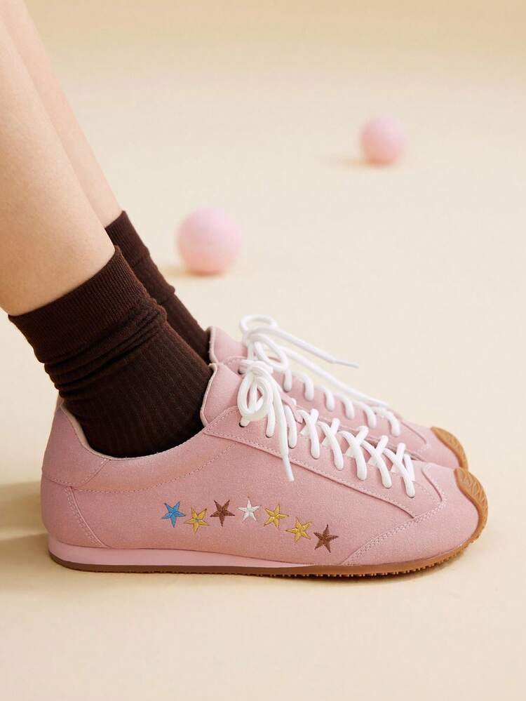 CUCCOO EASI Women's Embroidered Round Toe Flat Casual Sneakers, Breathable Faux Suede Pink Casual Sports Shoes For Daily Indoor & Outdoor Wear