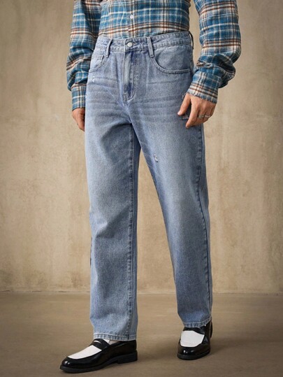 RivetRise Men's Light Blue Casual Distressed Straight Leg Jeans