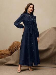 Anewsta Women's Long Dress With 3D Rhinestone Decor, Elegant And Versatile Formal Gown - Navy Blue - View 5