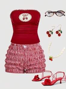 SHEIN MOD Top halter de verano con estampado de cerezas para tallas grandes, top tubo rojo sin tirantes estilo Y2K para fiestas