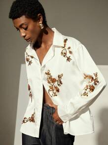 Aveloria Modichic Basic Style Long Sleeve Women's Blouse With Embroidered Beaded Detailing, Exquisite Quality  Fall Cloth For Women - White - View 4