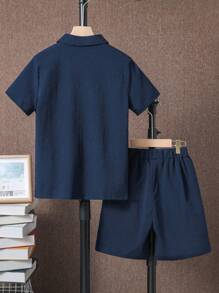 SHEIN Tween Boy Solid Button Front Shirt & Shorts Without Tee, School, Campus, College Summer Holiday