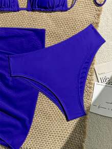 Swim Vcay 3pcs/Set Casual Solid Color Halter Tie Bikini Top, Triangle Bottoms And Mini Skirt For Summer Beach Vacation - Royal Blue - View 6
