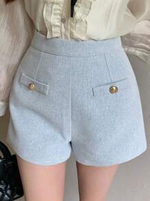 DAZY Pantalones cortos de mujer de unicolor con diseño de botones de metal, de estilo suelto y de moda - Celeste - Ver 5