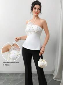 Modelyn Women's Summer Elegant Flower Embroidery Mesh Patchwork Blouse - White - View 2