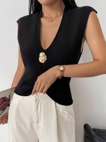 Modelyn Chaleco de punto versátil y casual con cuello en V y botones metálicos, de hombros caídos, para primavera/otoño - Negro - Ver 4