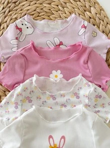 SHEIN Newborn Baby Girl Cute Casual Knitted Elastic Cartoon Pattern Waist Pants (Sold Separately As Top And Bottom)
