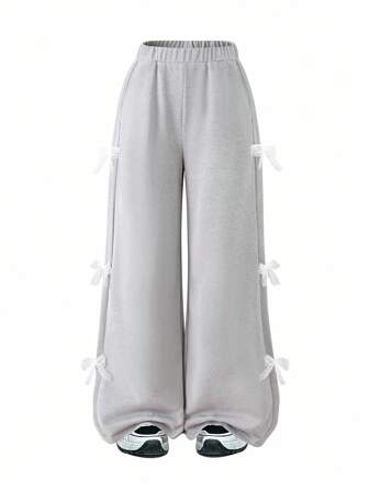 SHEIN Genkimix Kids Plus Size Girls' Grey Casual Sports Butterfly Decor Loose Fit Pants, Comfortable & Stylish For Autumn/Winter