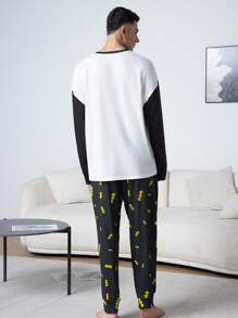BATMAN X SHEIN 图形拼色圆领长袖上衣和裤子家居服套装