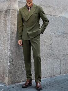 Calvornis Bộ quần áo vest nam cổ đứng màu trơn đơn giản cài hai hàng khuy và áo khoác - Màu xanh Ô liu - Xem 8