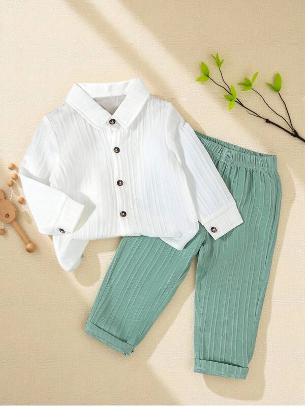Souflis Souflis 2 piezas Conjunto casual de primavera/otoño para niños pequeños, incluye camisa de manga larga con cuello texturizado blanco y pantalón de cintura elástica, tela cómoda, elegante y apuesto, adecuado para niños de 6 meses a 3 años, mejor opción para uso diario, escuela, salidas, deportes, temporada de regreso a clases