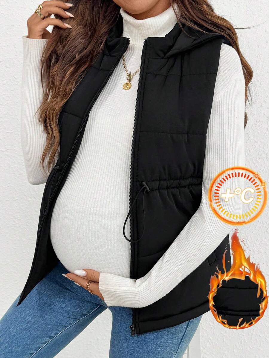 SHEIN 秋装，秋季服装，孕妇秋装，抽绳腰带拉链连帽背心黑色孕妇休闲外套 - 黑色 - 查看 1