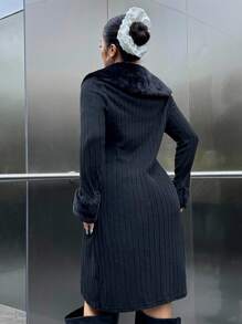 SHEIN EZwear Plus Borg Collar Fuzzy Cuff Coat, For Winter Fall Autumn - Black - View 2