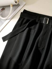 GlowEve 纯色口袋腰带阔腿优雅女士西装裤 - 黑色 - 查看 3