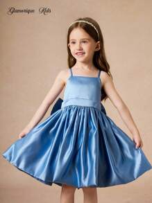 Glamorique Kids 四季少女甜美可爱生日派对礼服，无袖缎面花童婚纱，后背带大蝴蝶结公主裙 - 藍色 - 查看 2