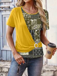 EMERY ROSE In Vá lại Xếp li Ngắn tay Áo thun Với Tròn Đường viền cổ áo Cho mùa hè Giải trí - Màu vàng - Xem 3
