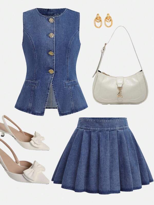 Girlism Set de 2 piezas con chaleco vaquero de una hilera y falda plisada de color azul para adolescentes, look informal y cómodo para graduación/fiesta/vacaciones
