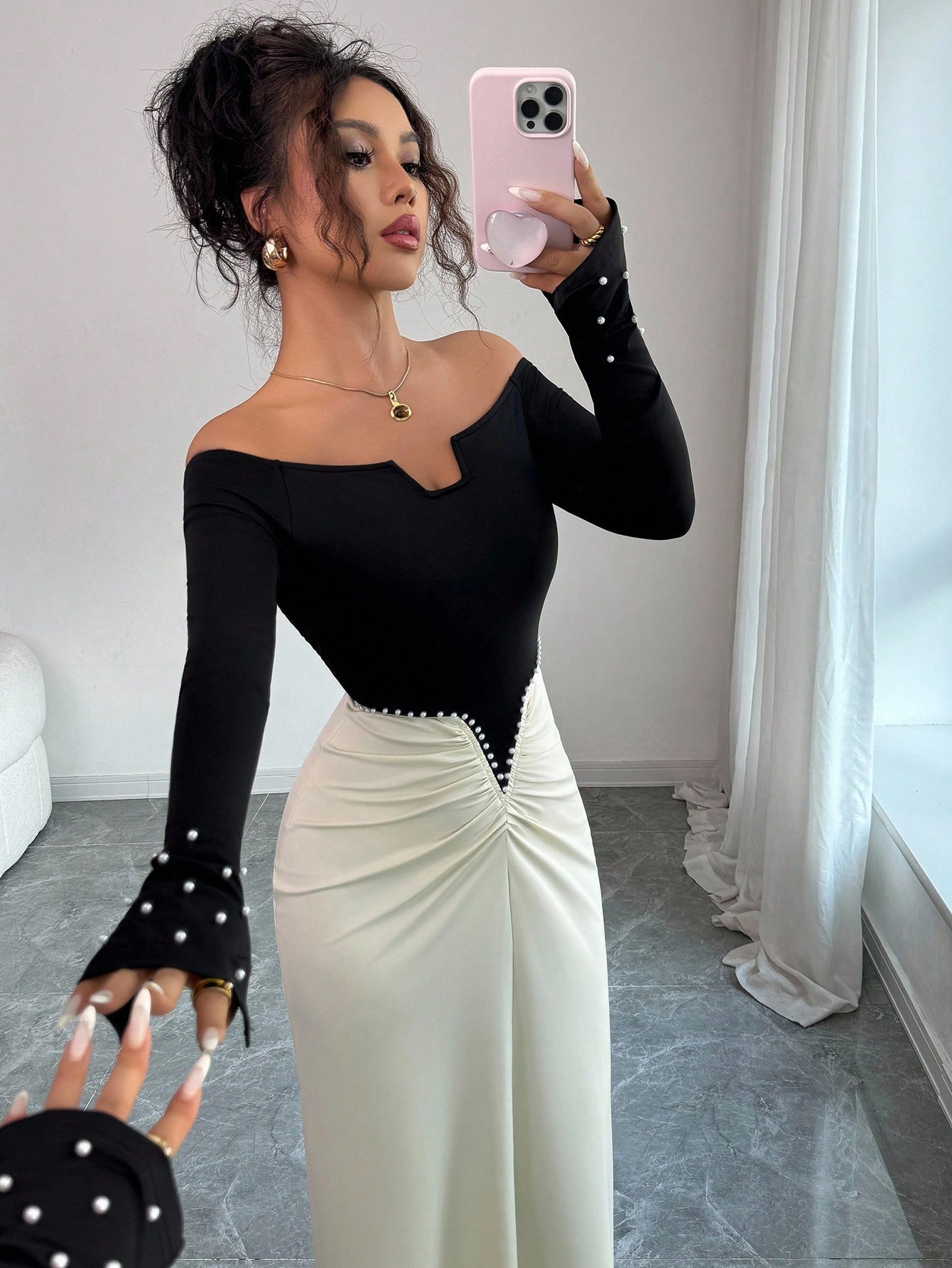 Elenzga فستان أنيق مناسب للسيدات مزين باللؤلؤ، خصر...