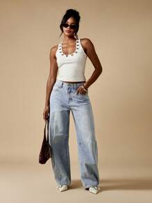 MISSGUIDED Pantalones vaqueros de pierna ancha y corte barril de talle alto, pantalones vaqueros holgados de estilo vintage, declaración de moda casual de otoño e invierno, ajuste suelto, estética Y2K - Azul - Ver 3