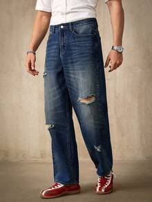 Manfinity Homme Herren Loose Fit zerrissene Jeans mit weitem Bein und Taschen, Blau - Dunkle Waschung - Übersicht 5