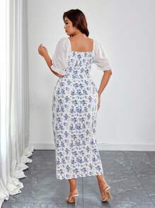 SHEIN LUNE Plus Size Women's Chiffon Jacquard Short Sleeve Slit Casual Printed Long Dress - Multicolor - View 2