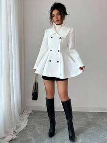 Elenzga Solid Color Double-Breasted Elegant A-Line Overcoat For Women Fall Winter Cloth For Women