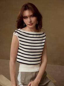 MOTF PREMIUM 条纹图案纽扣细节肩部宽下摆短款针织上衣 - 黑與白 - 查看 6