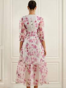 GENKIRA Vestido largo elegante y romántico de estilo francés para mujer con escote en V, manga 3/4, fruncido en la cintura, diseño de bajo con volantes, estampado floral de gasa, lujoso y elegante - Multicolor - Ver 6
