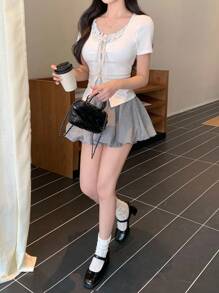 DAZY 女式夏季二合一荷叶边蝴蝶结短袖T恤 - 白色 - 查看 8