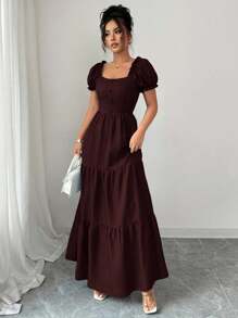 Elenzga 女士优雅长裙，独特领口，多层拼接，荷叶边，修身设计/垂坠/分层/假日装扮/波西米亚风/浪漫花卉/度假休闲