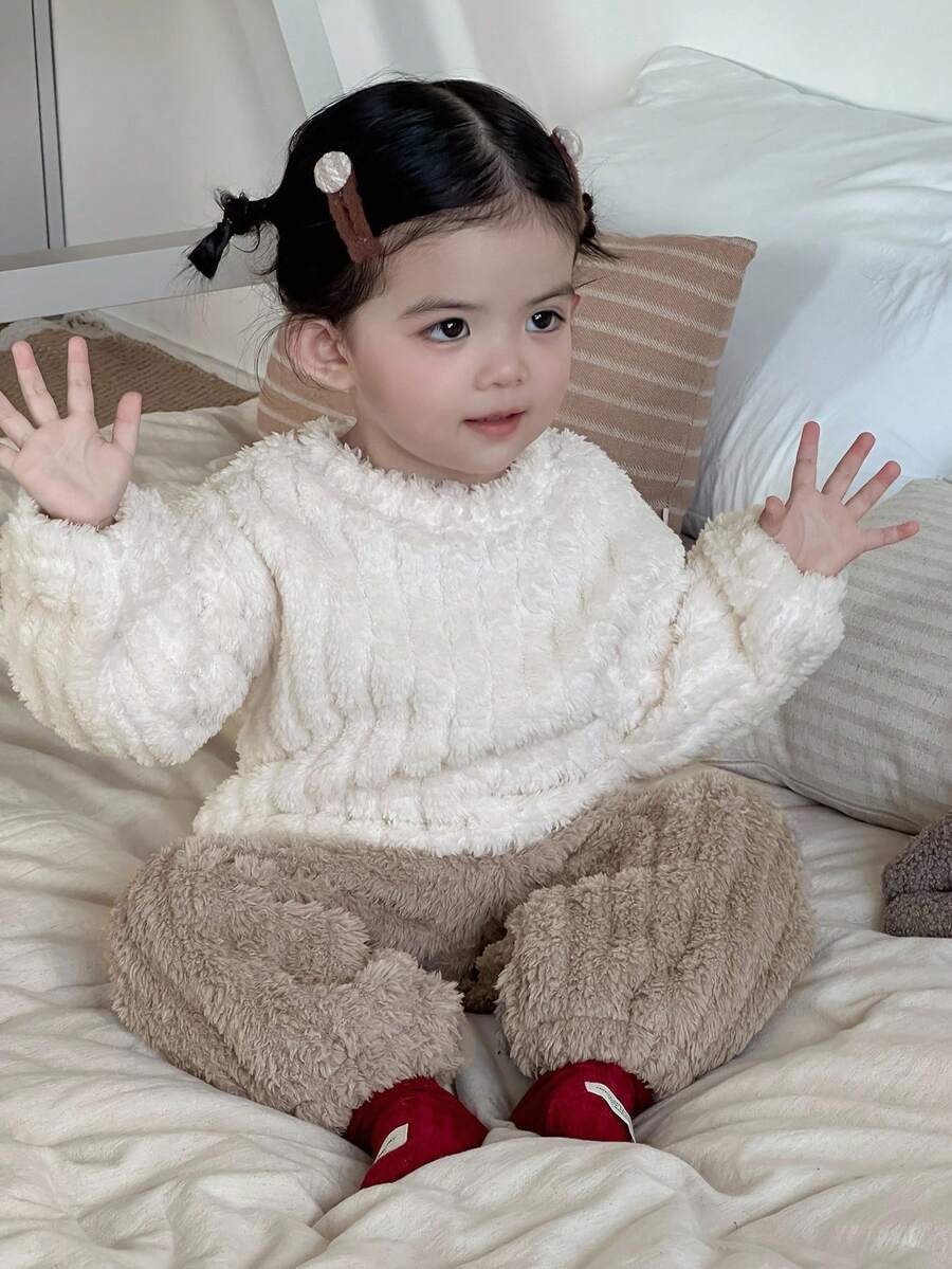 DAZY 2pcs Baby Girls' Casual Fleece Crew Neck Long Sleeve Loose Fit Pants Pajama Set Fall,Winter