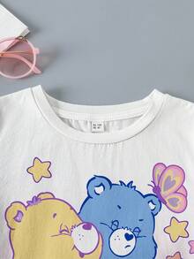 SHEIN X Care Bears 少女休闲渐变卡通熊图案短袖T恤，夏季 - 白色 - 查看 4